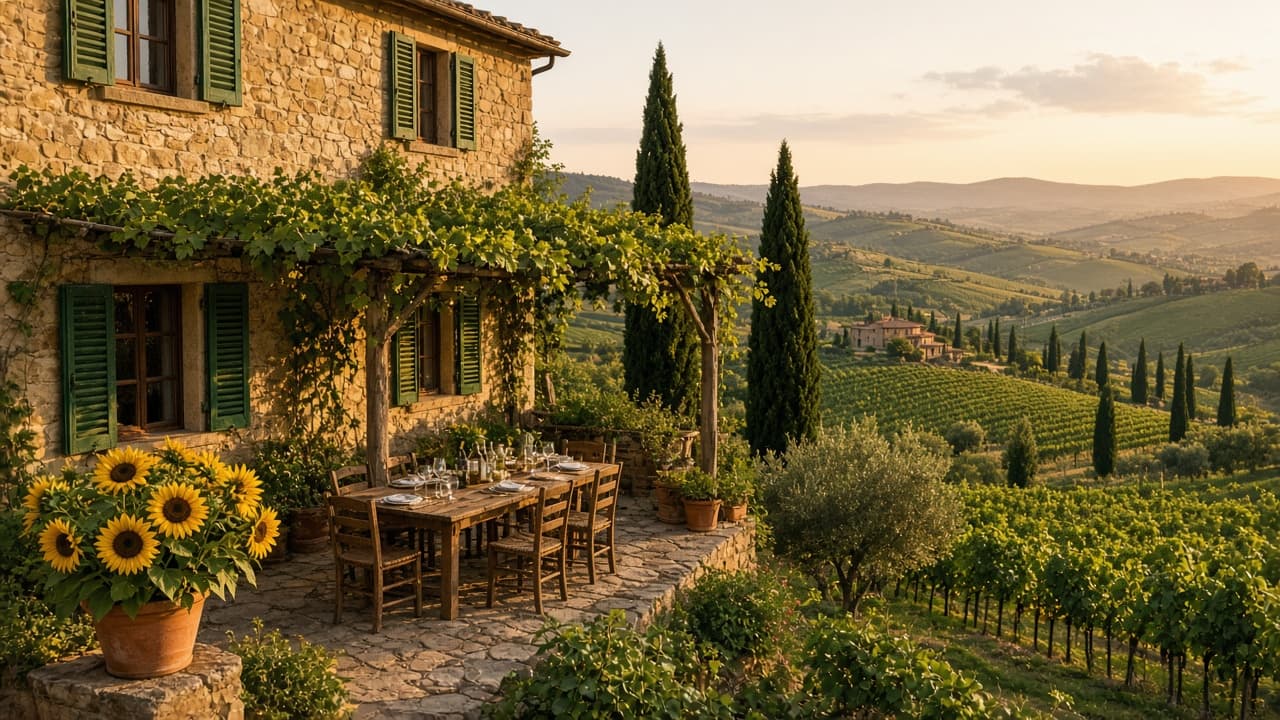 A Tuscan stone farmhouse with a table under a vine pergola, looking over vineyards.
